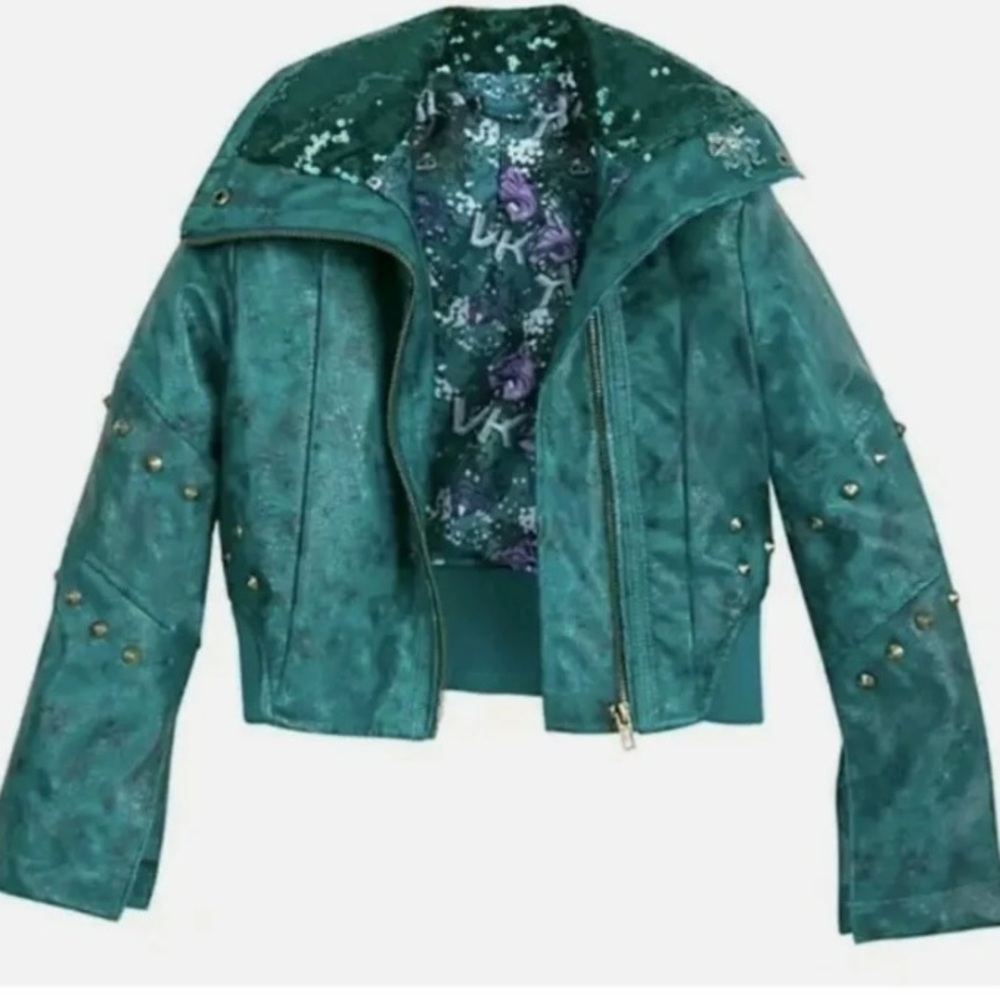 Disney Girl Blueish Green Sequin Faux Leather Zip Pockets Moto Jacket girls 9/10